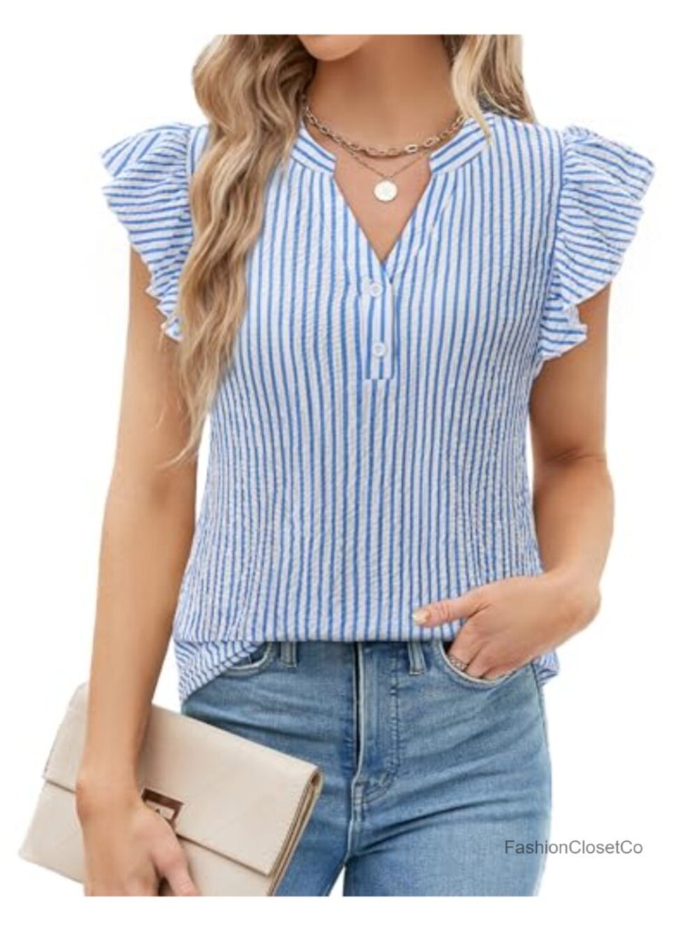 Ruffle Sleeve V-Neck Button-Down Blouse Dressy Casual Top